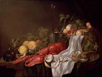 Still Life of Fruit and a Lobster on a Cloth-Draped Table